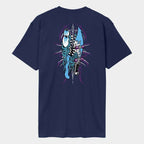 A navy blue short-sleeve t-shirt with a large graphic print on the back, featuring a stylized blue lobster and a zebra-striped character with a sword, set against a light gray background.