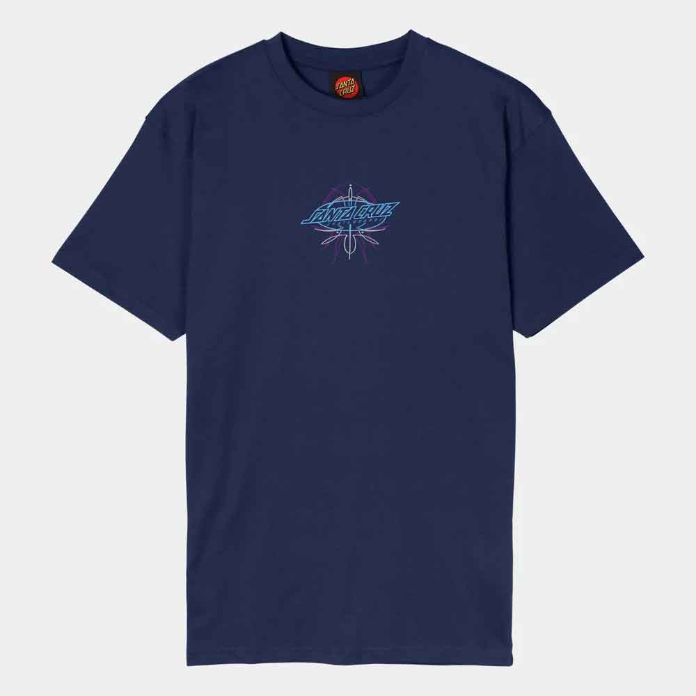 A navy blue short-sleeve t-shirt with a small blue and purple graphic on the center chest, displayed flat against a light gray background.