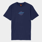 A navy blue short-sleeve t-shirt with a small blue and purple graphic on the center chest, displayed flat against a light gray background.