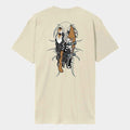 A cream-colored short-sleeve t-shirt shown from the back, featuring a large graphic print of a skeleton figure holding a brown skull-like object, set against a light gray background.