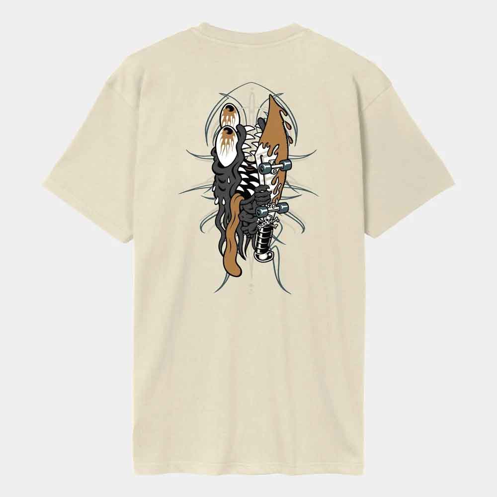 A cream-colored short-sleeve t-shirt shown from the back, featuring a large graphic print of a skeleton figure holding a brown skull-like object, set against a light gray background.