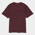 A dark burgundy short-sleeve t-shirt with a subtle tonal graphic on the chest, featuring a horizontal line and the embossed 'Long Beach' logo. The shirt is displayed flat against a light gray background.