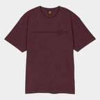 A dark burgundy short-sleeve t-shirt with a subtle tonal graphic on the chest, featuring a horizontal line and the embossed 'Long Beach' logo. The shirt is displayed flat against a light gray background.