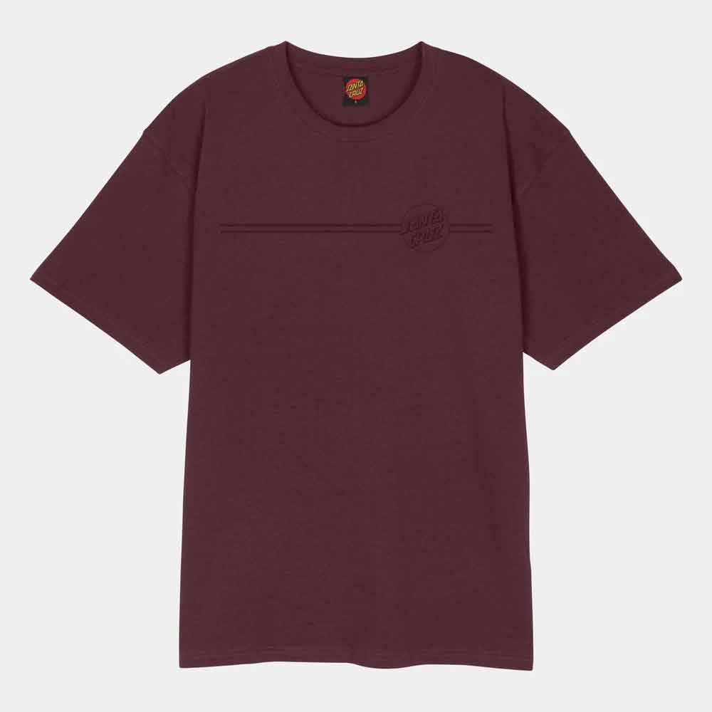 A dark burgundy short-sleeve t-shirt with a subtle tonal graphic on the chest, featuring a horizontal line and the embossed 'Long Beach' logo. The shirt is displayed flat against a light gray background.