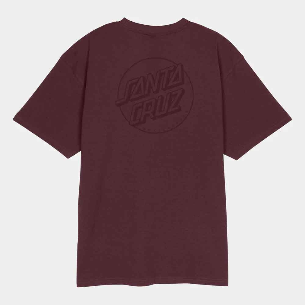 A dark maroon short-sleeve t-shirt with a tonal, low-contrast Santa Cruz logo printed on the back, shown against a light gray background.