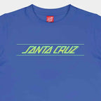 A blue crewneck t-shirt featuring the words 'SANTA CRUZ' in a stylized neon green font outlined in black, flanked by two horizontal green lines. A red Santa Cruz neck label is visible inside the collar.
