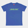 A blue short-sleeve t-shirt with 'SANTA CRUZ' printed across the chest in a neon yellow-green font, flanked by two thin horizontal lines, on a light gray background.