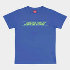 A blue short-sleeve t-shirt with 'SANTA CRUZ' printed across the chest in a neon yellow-green font, flanked by two thin horizontal lines, on a light gray background.