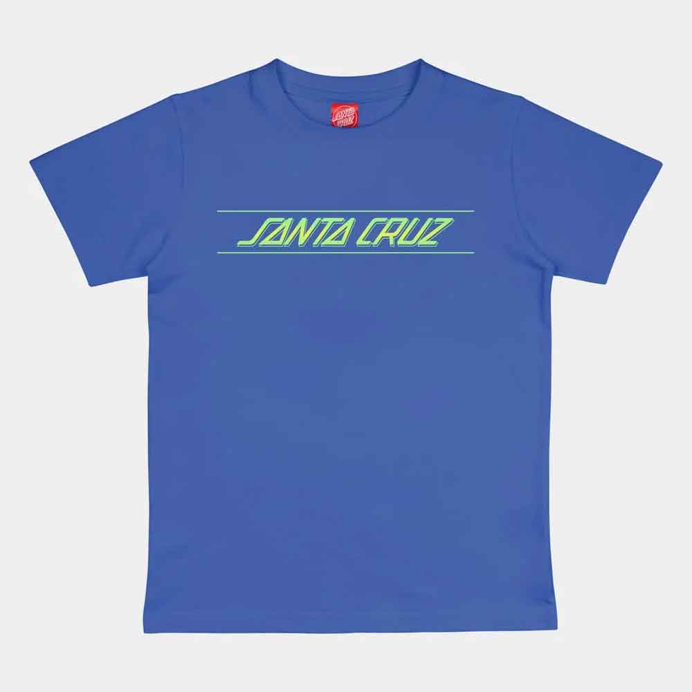 A blue short-sleeve t-shirt with 'SANTA CRUZ' printed across the chest in a neon yellow-green font, flanked by two thin horizontal lines, on a light gray background.