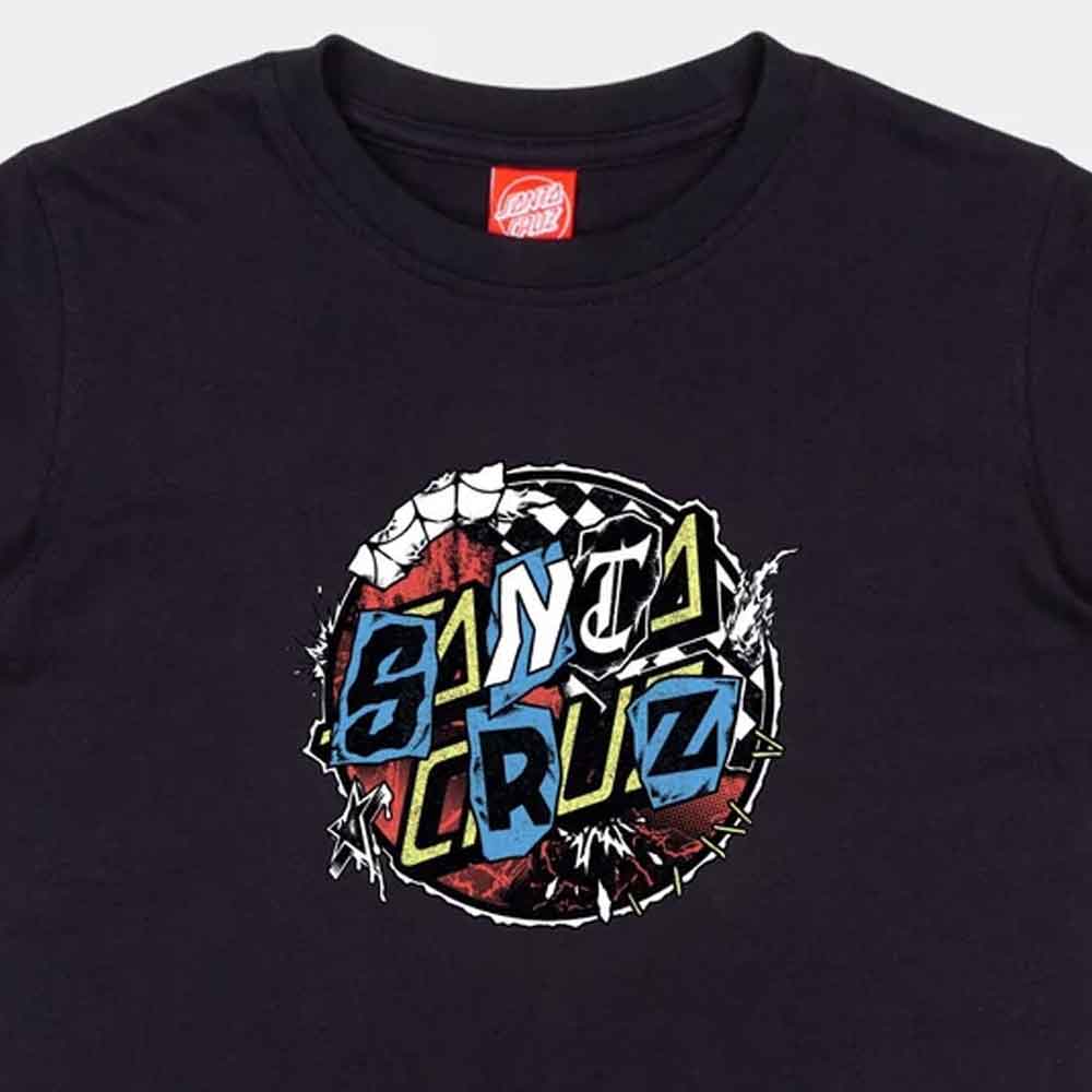 A close-up of a black Santa Cruz t-shirt featuring the brand's circular graphic on the chest with 'SANTA CRUZ' in stylized blue, yellow, and white lettering.