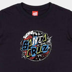 A close-up of a black Santa Cruz t-shirt featuring the brand's circular graphic on the chest with 'SANTA CRUZ' in stylized blue, yellow, and white lettering.