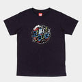 A black short-sleeve crewneck t-shirt featuring a colorful 'Santa Cruz' graphic on the chest, displayed flat against a light gray background.