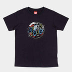 A black short-sleeve crewneck t-shirt featuring a colorful 'Santa Cruz' graphic on the chest, displayed flat against a light gray background.