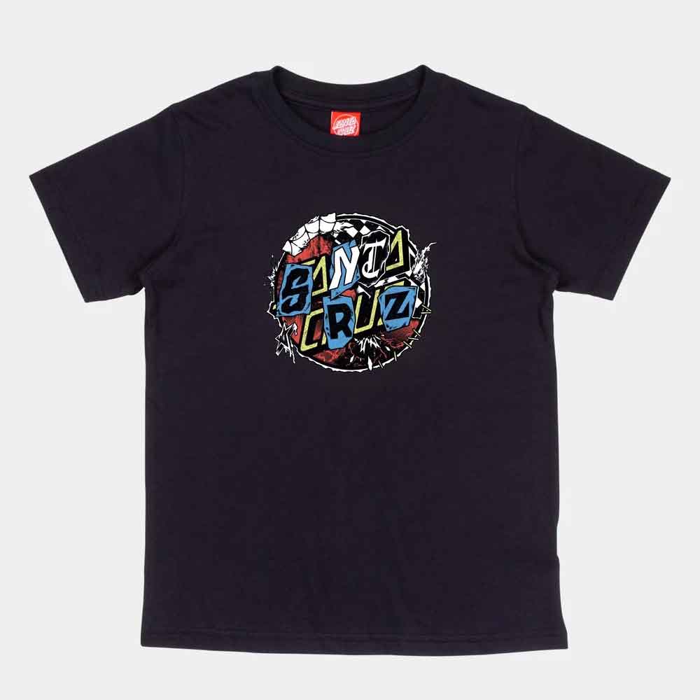 A black short-sleeve crewneck t-shirt featuring a colorful 'Santa Cruz' graphic on the chest, displayed flat against a light gray background.