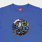 A close-up of a blue crewneck t-shirt featuring a colorful 'Santa Cruz' graphic on the chest, with a visible Santa Cruz logo tag inside the collar.