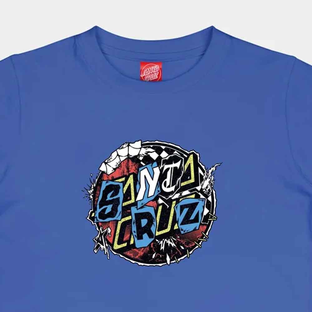 A close-up of a blue crewneck t-shirt featuring a colorful 'Santa Cruz' graphic on the chest, with a visible Santa Cruz logo tag inside the collar.