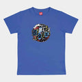 A blue short-sleeve crewneck t-shirt featuring a colorful circular graphic on the chest with the text 'SANTA CRUZ' in a graffiti-style font, displayed on a light gray background.