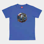 A blue short-sleeve crewneck t-shirt featuring a colorful circular graphic on the chest with the text 'SANTA CRUZ' in a graffiti-style font, displayed on a light gray background.