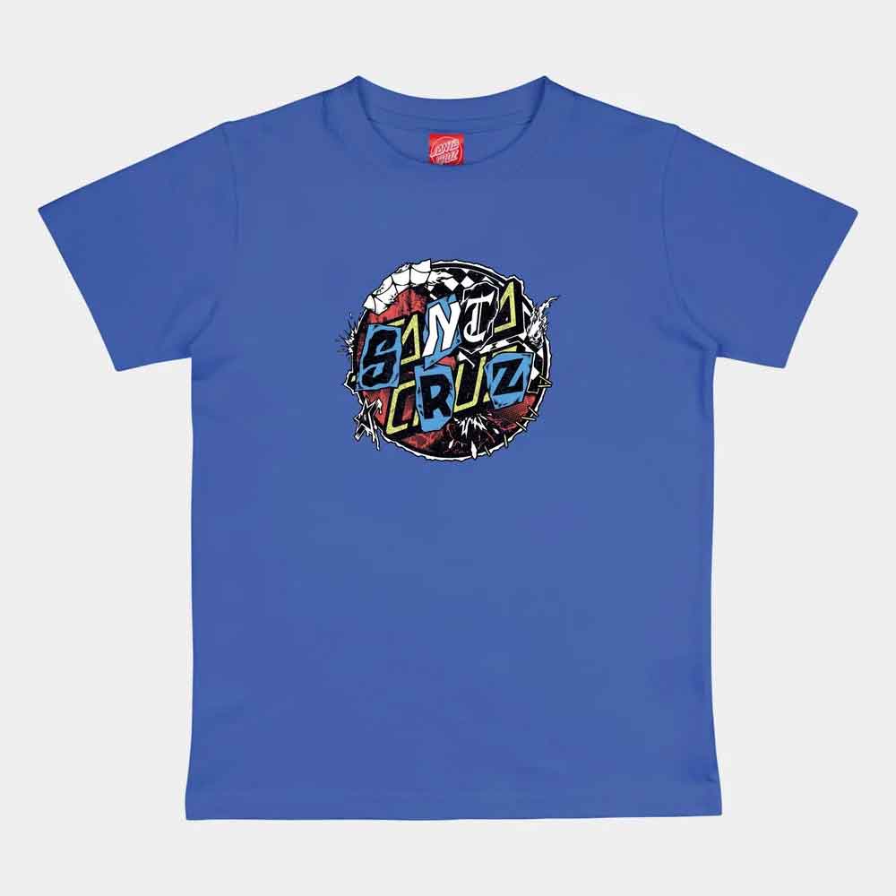 A blue short-sleeve crewneck t-shirt featuring a colorful circular graphic on the chest with the text 'SANTA CRUZ' in a graffiti-style font, displayed on a light gray background.