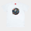 A white short-sleeve crewneck t-shirt featuring a colorful 'Santa Cruz' graffiti graphic on the chest, displayed flat against a light gray background.