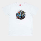 A white short-sleeve crewneck t-shirt featuring a colorful 'Santa Cruz' graffiti graphic on the chest, displayed flat against a light gray background.