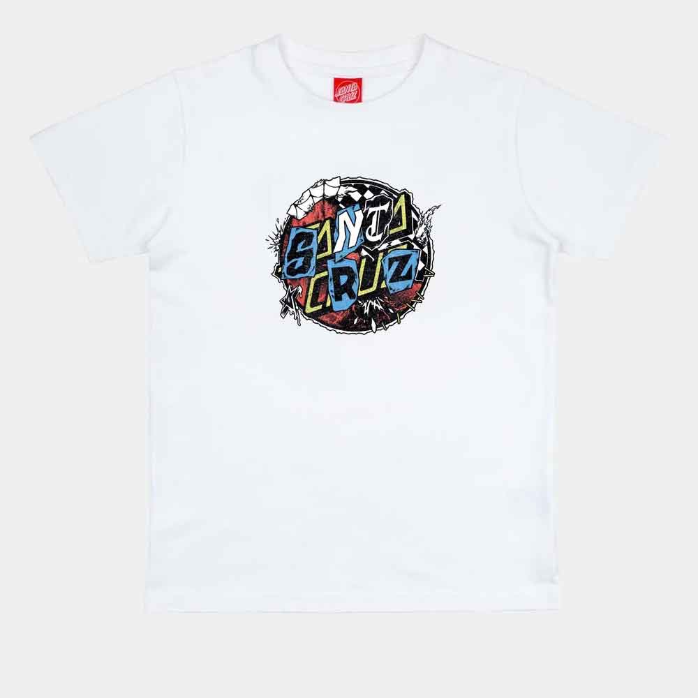 A white short-sleeve crewneck t-shirt featuring a colorful 'Santa Cruz' graffiti graphic on the chest, displayed flat against a light gray background.