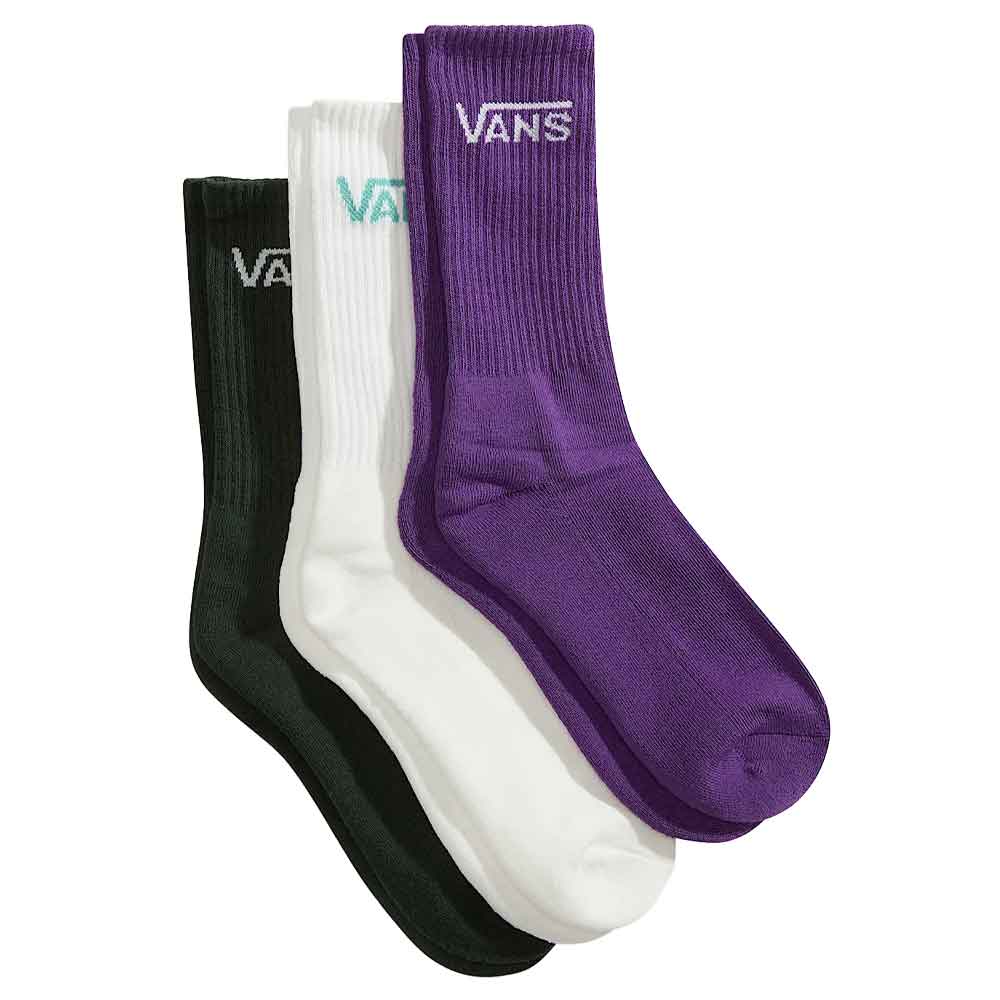 Three pairs of Vans crew socks in black, white, and purple, arranged in a fan shape on a solid white background.