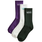 Three pairs of Vans crew socks in purple, white, and dark green, arranged in a fan shape on a plain white background.