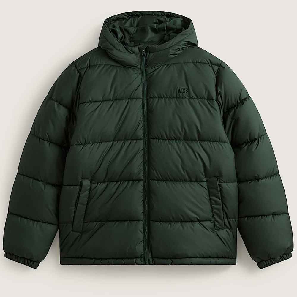 A dark forest green hooded puffer jacket with horizontal quilting, a front zipper, and side pockets, shown against a light off-white background.