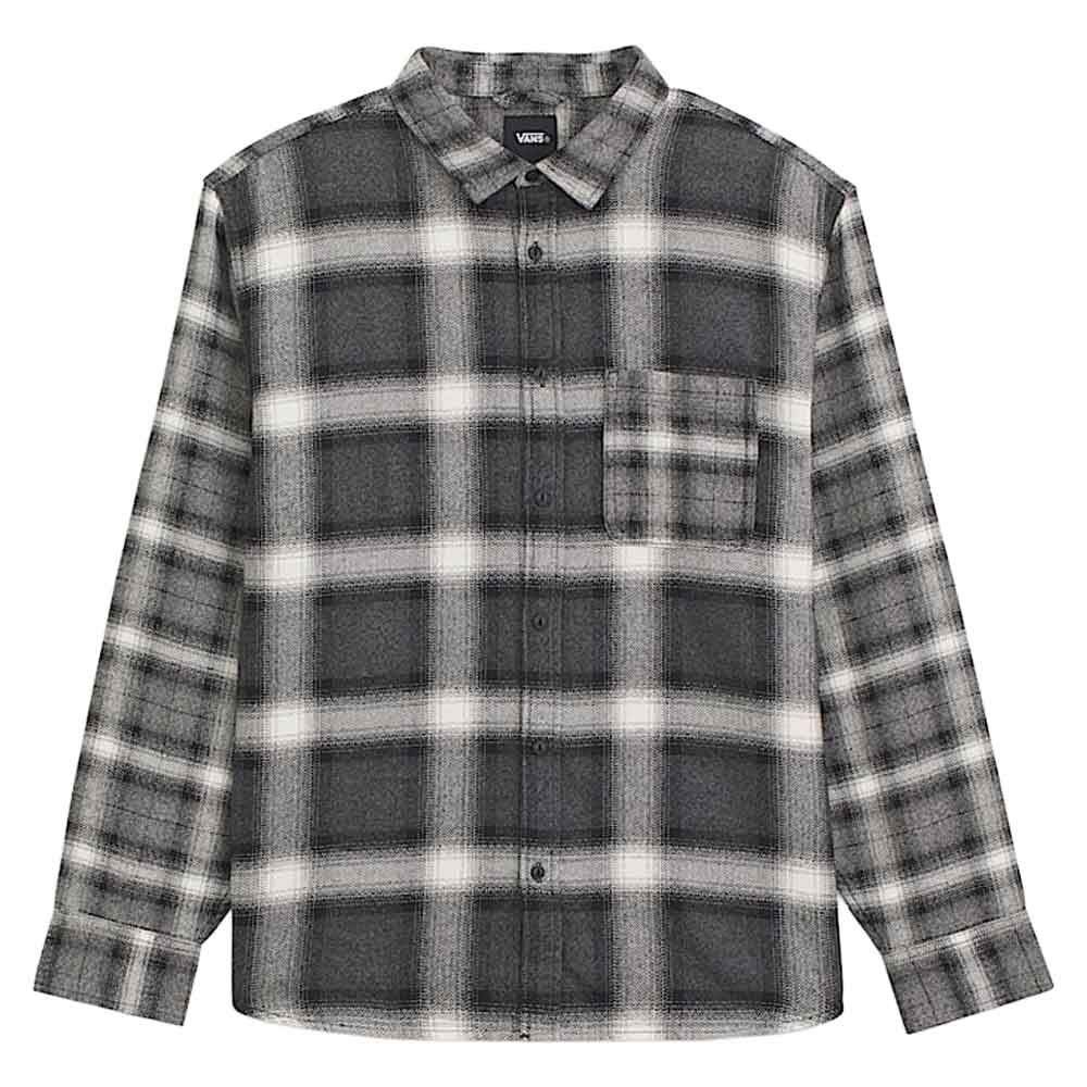 A long-sleeve button-up flannel shirt by Vans, featuring a dark gray and white plaid pattern with a single chest pocket.