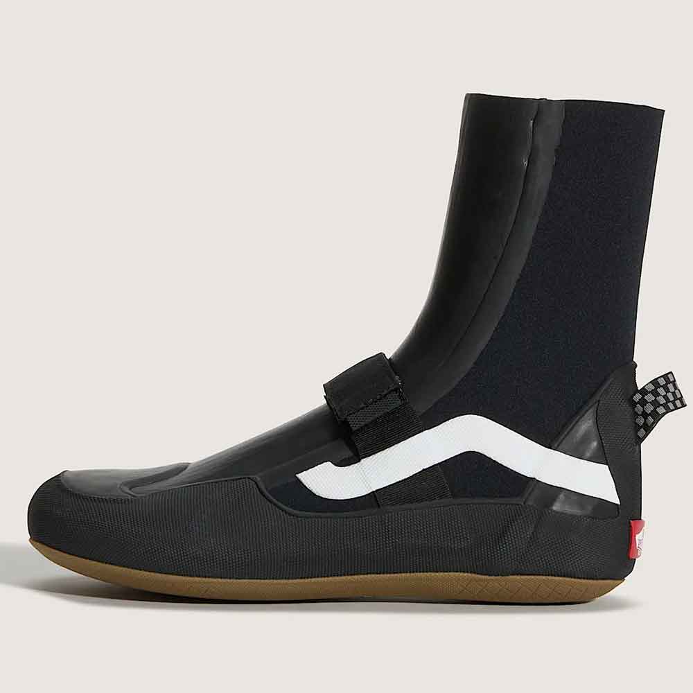 black wetsuit boots with white side stripes and hook-and-loop strap closures, displayed on a light beige background.