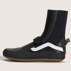 black wetsuit boots with white side stripes and hook-and-loop strap closures, displayed on a light beige background.
