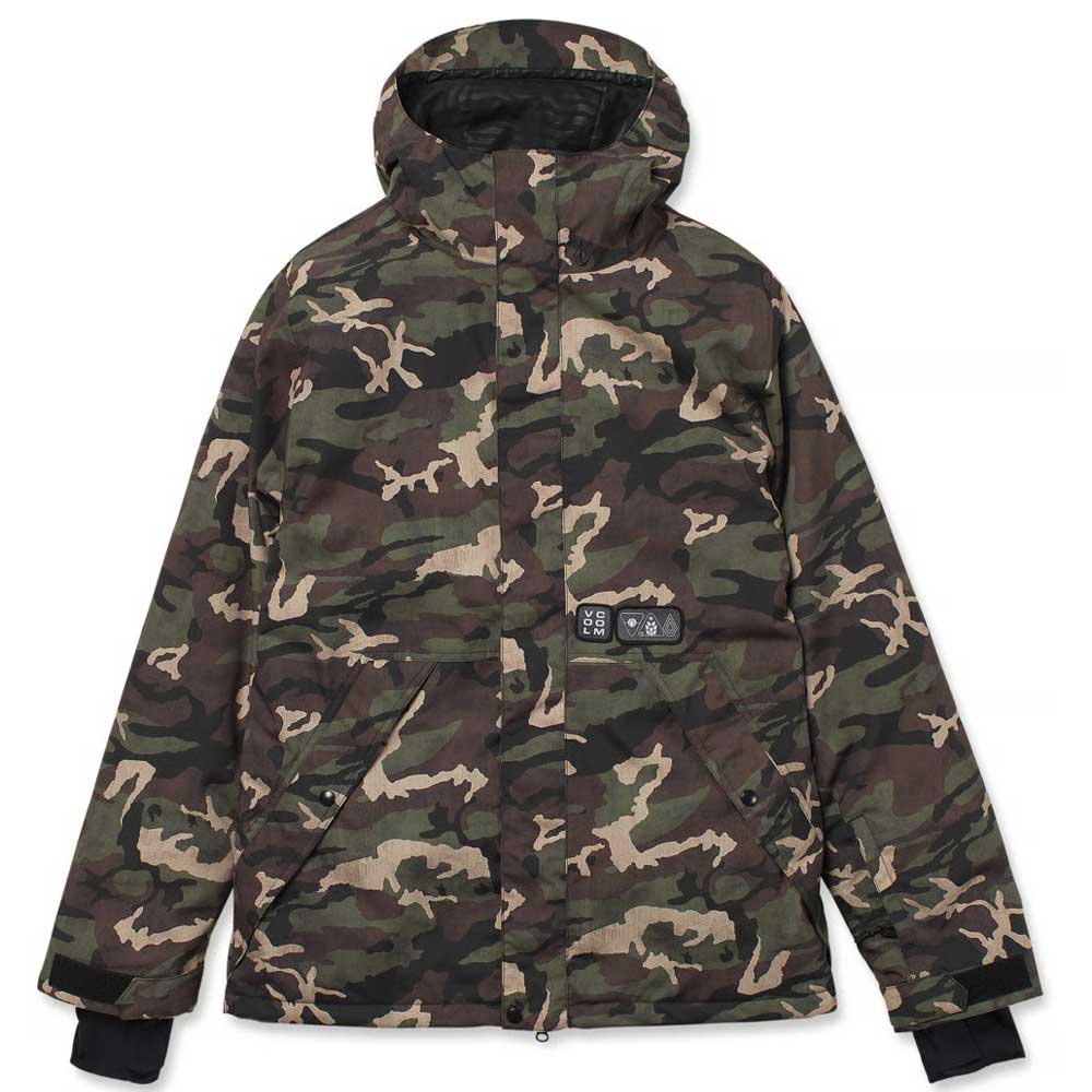 A hooded camouflage jacket with a green, brown, and tan woodland camo pattern, featuring a black zipper, front pockets, and a small black brand patch on the chest.