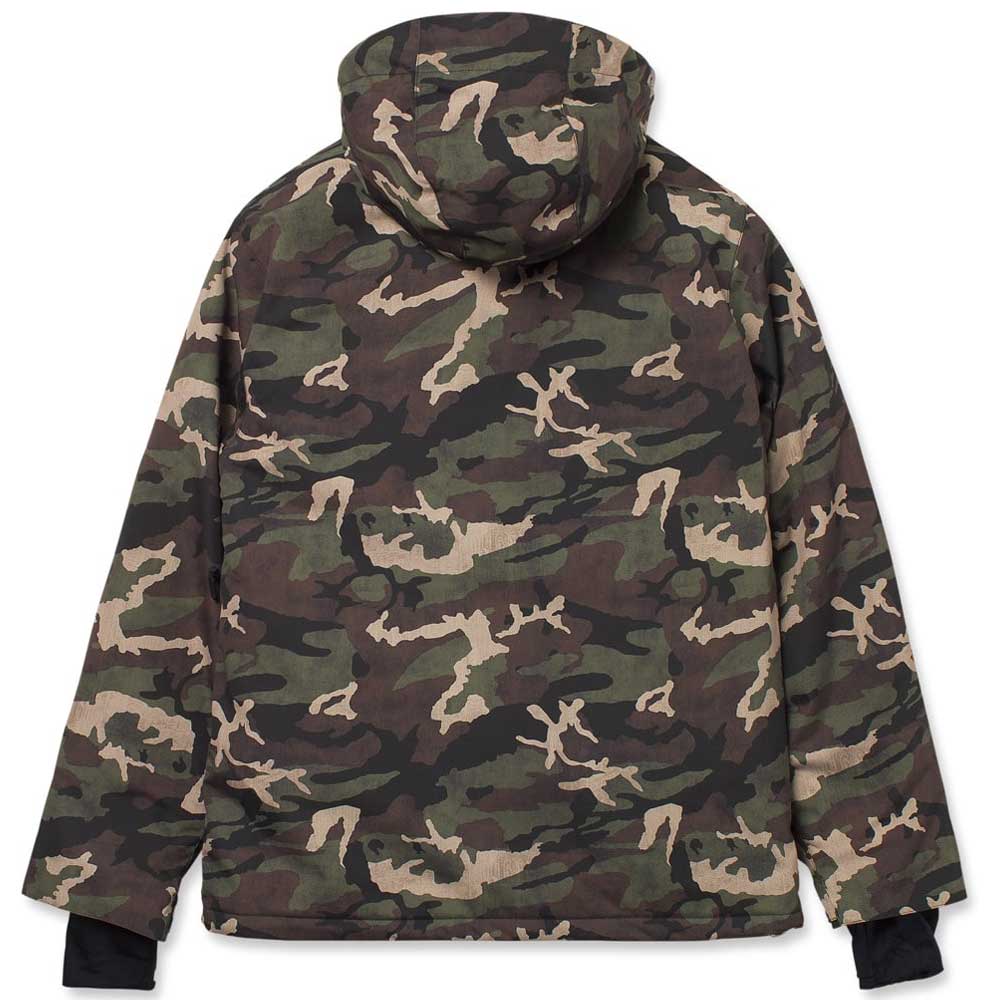 A hooded camouflage jacket shown from the back, featuring an all-over woodland camo pattern in green, brown, black, and beige, with black cuffs.