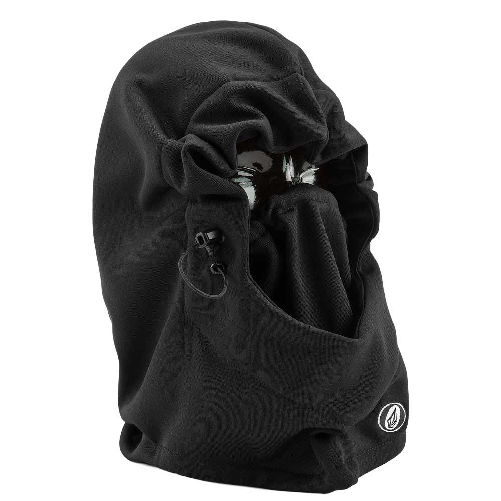 A black fleece balaclava hood with a drawstring and a small white circular logo on the lower right, shown against a plain white background.