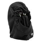 A black fleece balaclava hood with a drawstring and a small white circular logo on the lower right, shown against a plain white background.