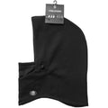 Black Volcom balaclava face mask with a hangtag, featuring a small white Volcom logo near the bottom left corner.