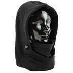 A black fleece balaclava hood with a drawstring and a small white circular logo on the lower right, shown against a plain white background.