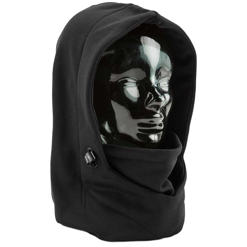 A black fleece balaclava hood with a drawstring and a small white circular logo on the lower right, shown against a plain white background.