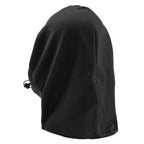 A black fleece balaclava hood with a drawstring closure, shown from a side profile view against a plain white background.