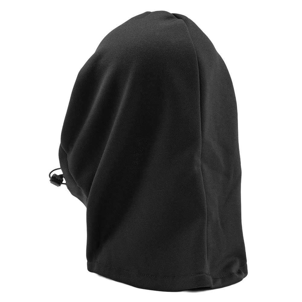 A black fleece balaclava hood with a drawstring closure, shown from a side profile view against a plain white background.
