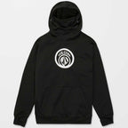 A black hooded sweatshirt featuring a plain back design with ribbed cuffs and hem and Volcom chest print