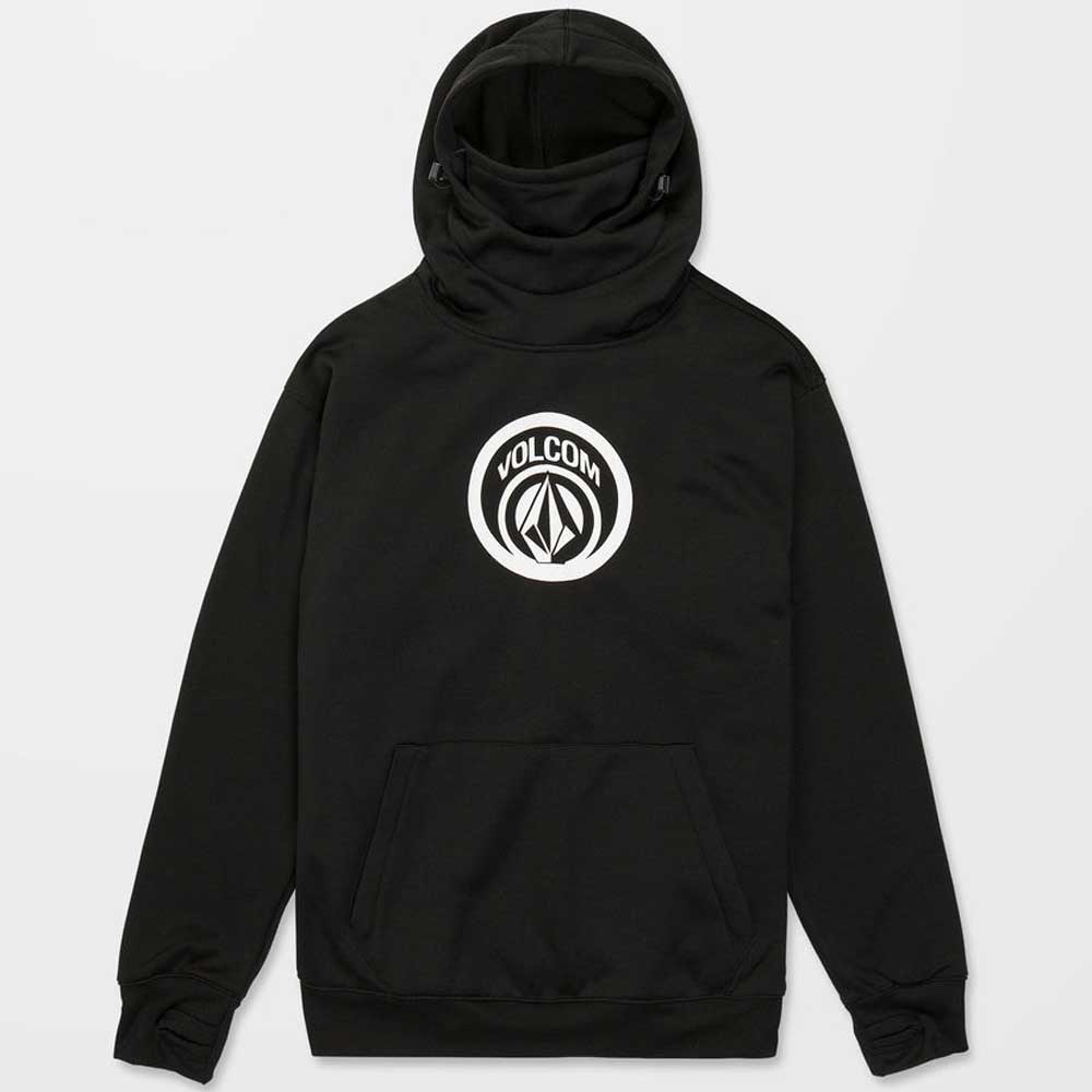 A black hooded sweatshirt featuring a plain back design with ribbed cuffs and hem and Volcom chest print
