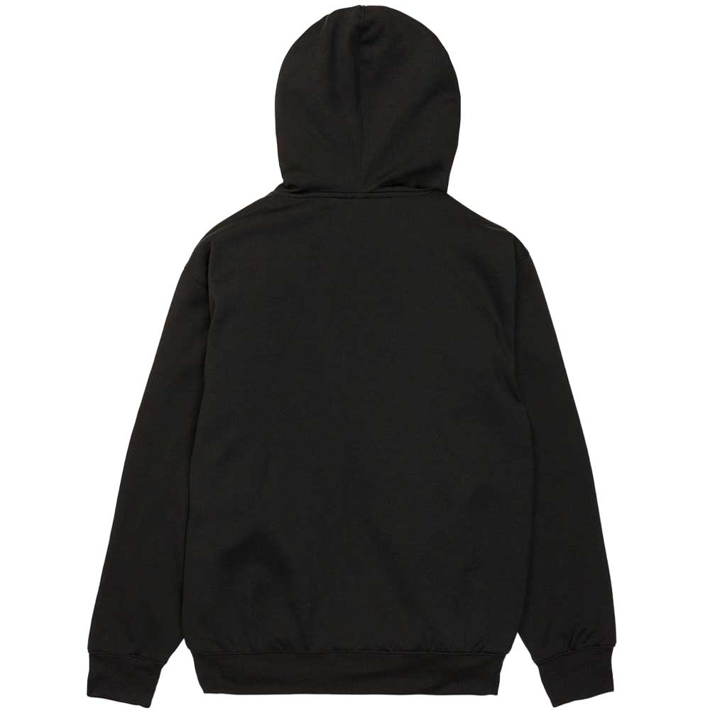 A black hooded sweatshirt shown from the back, featuring a plain back design with ribbed cuffs and hem, set against a solid white background.