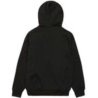 A black hooded sweatshirt shown from the back, featuring a plain back design with ribbed cuffs and hem, set against a solid white background.