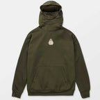 An olive green pullover hoodie with a high drawstring hood, kangaroo pocket, and a small white geometric logo on the left chest, displayed against a light gray background.