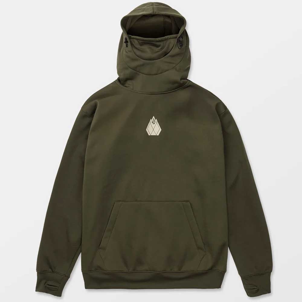 An olive green pullover hoodie with a high drawstring hood, kangaroo pocket, and a small white geometric logo on the left chest, displayed against a light gray background.
