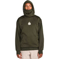 A person wearing an olive green hooded sweatshirt with a built-in neck gaiter and a small white geometric logo on the chest, paired with light beige pants, against a plain white background.