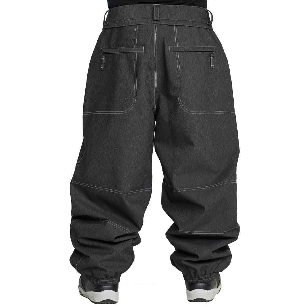 Rear view of dark gray baggy snowboard pants with zippered back pockets and elastic cuffs, shown on a white background.