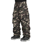 A person wearing camouflage cargo snow pants with black and gray snow boots, shown from the waist down on a plain white background.